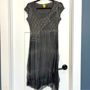 Adam Jacobs Women’s Sz Small Gray Dress Cap Sleeve Mesh Lace Embellishments Midi